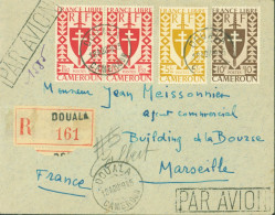 Cameroun Recommandé Par Avion YT France Libre N°256 260 261 Tricolore Douala 18 AOUT 1945 Cachet Douanes - Poste Aérienne