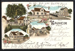 Lithographie Nauheim / Mainz, Bahnhof, Gasthaus Zum Schwäbischen Hof, Grossherzogliche Bürgermeisterei Und Postamt  - Mainz