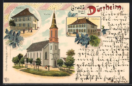 Lithographie Dürrheim, Schulhaus, Kirche, Pfarrhaus  - Bad Dürrheim