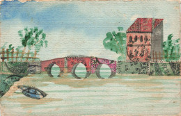 COLLAGE DE TIMBRES - Paysage Pont, Carte Peinte à La Main. - Timbres (représentations)