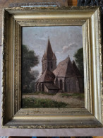 Léonie CONTAT (1878-1969) Huile Sur Carton Vue D'église école Suisse Cadre Bois Stuqué Doré - Oils