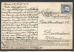 SOLDES - 1922 - COB N° 213 - Oblitéré (o) - SEUL SUR CARTE - NAMUR Vers AMSTERDAM - 29/07/1926 - 1921-1925 Petit Montenez