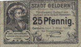 25 PFENNIG 1920 Stadt GELDERN Rhine UNC DEUTSCHLAND Notgeld Banknote #PH184 - [11] Local Banknote Issues