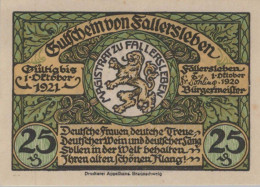 25 PFENNIG 1920 Stadt FALLERSLEBEN Hanover DEUTSCHLAND Notgeld Banknote #PD439 - [11] Local Banknote Issues