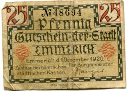 25 PFENNIG 1920 Stadt EMMERICH Rhine DEUTSCHLAND Notgeld Papiergeld Banknote #PL613 - [11] Emissioni Locali