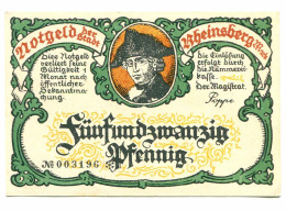 25 Pfennig RHEINSBERG DEUTSCHLAND UNC Notgeld Papiergeld Banknote #P10558 - [11] Emissioni Locali