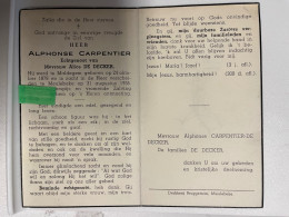 Devotie DP - Overlijden Alphonse Carpentier Echtg De Decker - Maldegem 1878 - Meulebeke 1956 - Obituary Notices