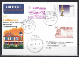 2001 Munich - Johannesburg Double Flight   Lufthansa First Flight, Erstflug, Premier Vol ( 1 Card ) - Autres (Air)