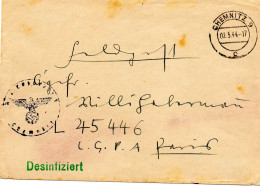 ALLEMAGNE-FRANCE.1944. RARE. "DESINFIZIERET."LAZARETT V". CHEMNITZ.(VERS LUFTWAFFE PARIS). - Covers & Documents