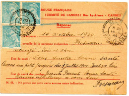 FRANCE.1944. MESSAGE CROIX-ROUGE FRANÇAISE- COMITÉ DE CANNES (ALPES MARITIMES) - Red Cross