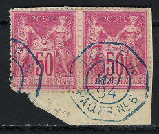 FRANCE Ca.1894: Paire De Y&T 98 Avec Sup. Obl. Mar. Bleue "PAQ FR. No 6 Ligne J" Sur Fragment - 1876-1898 Sage (Type II)