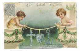 CPA Précurseur Gaufrée Circulée En 1905 - Deux Petits Anges Au Balcon - Foi, Charité, Esperance - - Anges