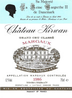 Étiquette "CHÂTEAU KIRWAN 1986" - Margaux - Grand Cru Classé. - Bordeaux