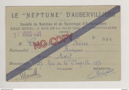 Fixe Carte Neptune D'Aubervilliers Année 1931 Natation Sauvetage - Lidmaatschapskaarten