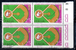 ITALIA REPUBBLICA ITALY 1973 COPPA INTERCONTINENTALE BASEBALL INTERCONTINENTAL CUP LIRE 25 QUARTINA BLOCK USATO USED - 1971-80: Used