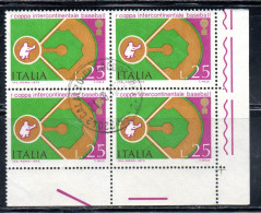 ITALIA REPUBBLICA ITALY 1973 COPPA INTERCONTINENTALE BASEBALL INTERCONTINENTAL CUP LIRE 25 QUARTINA BLOCK USATO USED - 1971-80: Afgestempeld