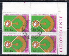 ITALIA REPUBBLICA ITALY 1973 COPPA INTERCONTINENTALE BASEBALL INTERCONTINENTAL CUP LIRE 25 QUARTINA BLOCK USATO USED - 1971-80: Afgestempeld