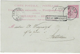 CP21 10C.Oblit.ambulant MIDI 7 Le27.5.1893.griffe ECAUSSINES>Amsterdam.Trajet Luttre-Braine-le-Comte - Ambulantes