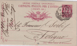 1892  Cartolina Postale Da 10c Per L'estero Con Annullo NOMINALE   PERUGIA - Entero Postal