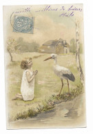 CPA Précurseur Circulée En 1904 - Petite Fille à Genoux Devant Une Cigogne - Illustration A&M.B 350 - - 1900-1949