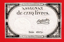 ASSIGNAT DE 5 LIVRES - 10 BRUMAIRE AN 2  (31 OCTOBRE 1793) - BERTAUT - REVOLUTION FRANCAISE  F - Assegnati