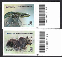 Italia 2021; EUROPA CEPT, Lucertola Delle Eolie + Orso Marsicano; Serie Completa A Barre; B + B 50g. - Barcodes