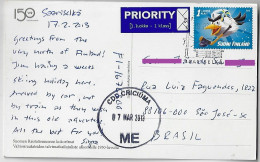 2013 Postcard From Finland To São José Brazil Misdirected To Criciuma Stamp World Championship Ice Hockey Mascot - Cartas & Documentos