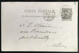 Entier Postal Type Sage 10 C. Circulée 1890. Double Cachet Moulins. Destinataire Connu - Postales Tipos Y (antes De 1995)