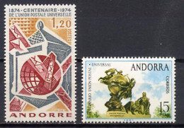 Andorra French And Spanish 1974 UPU Centenary 2 Stamps MNH - U.P.U.