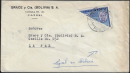 Bolivie 1957 Y&T 376 Demi-timbre Oblique Sur Lettre Nationale. Inauguration De La Ligne Ferroviaire Yacuiba Santa Cruz - Trenes