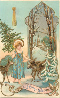 - Thèmes Div -ref-W W59- Fêtes - Fête - Joyeux Noël - Fillette Et Sapin -etoile Du Berger - Dorures - Carte Gaufrée - - Altri & Non Classificati