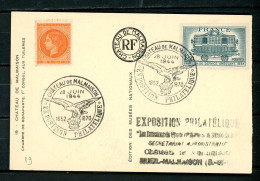 FRANCE - N° Yvert 609 Obli. + VIGNETTE ORANGE “CHATEAU DE MALMAISON” SUR CPA Obl EXPO. PHILATÉLIQUE 10 JUIN 1944 - Covers & Documents