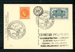 FRANCE - N° Yvert 609 Obli. + VIGNETTE ORANGE “CHATEAU DE MALMAISON” SUR CPA Obl EXPO. PHILATÉLIQUE 10 JUIN 1944 - Cartas & Documentos