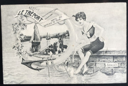 Le Tréport - RARE - Sortie Des Bateaux De Pêche, En Médaillon, Bouée Tenue Par Une Baigneuse - Le Treport