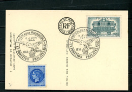 FRANCE - N° Yvert 609 Obli. + VIGNETTE BLEUE “CHATEAU DE MALMAISON” SUR CPA Obl EXPO. PHILATÉLIQUE 10 JUIN 1944 - Cartas & Documentos