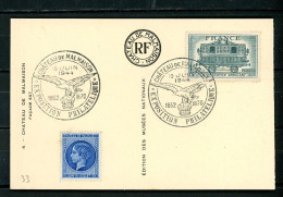 FRANCE - N° Yvert 609 Obli. + VIGNETTE BLEUE “CHATEAU DE MALMAISON” SUR CPA Obl EXPO. PHILATÉLIQUE 10 JUIN 1944 - Cartas & Documentos