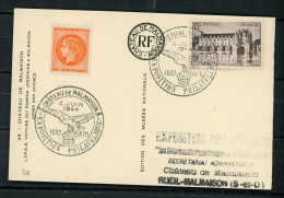 - N° Yvert 610 Obli. + VIGNETTE ORANGE NON DENT. “CHATEAU DE MALMAISON” SUR CPA Obl EXPO. PHILATÉLIQUE 10 JUIN 1944 - Covers & Documents