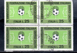 ITALIA REPUBBLICA ITALY 1973 FEDERAZIONE ITALIANA DEL GIOCO CALCIO FOOTBALL SOCCER LIRE 25 QUARTINA BLOCK USATO USED - 1971-80: Usados