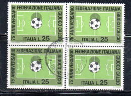 ITALIA REPUBBLICA ITALY 1973 FEDERAZIONE ITALIANA DEL GIOCO CALCIO FOOTBALL SOCCER LIRE 25 QUARTINA BLOCK USATO USED - 1971-80: Oblitérés