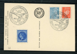 N° Yvert 511+549 Obli. + VIGNETTE  BLEUE “CHATEAU DE MALMAISON” SUR CPA Obl EXPO. PHILATÉLIQUE 10 JUIN 1944 - Cartas & Documentos