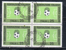 ITALIA REPUBBLICA ITALY 1973 FEDERAZIONE ITALIANA DEL GIOCO CALCIO FOOTBALL SOCCER LIRE 25 QUARTINA BLOCK USATO USED - 1971-80: Gebraucht