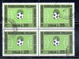 ITALIA REPUBBLICA ITALY 1973 FEDERAZIONE ITALIANA DEL GIOCO CALCIO FOOTBALL SOCCER LIRE 25 QUARTINA BLOCK USATO USED - 1971-80: Afgestempeld