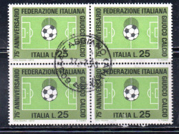 ITALIA REPUBBLICA ITALY 1973 FEDERAZIONE ITALIANA DEL GIOCO CALCIO FOOTBALL SOCCER LIRE 25 QUARTINA BLOCK USATO USED - 1971-80: Afgestempeld