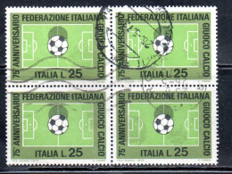 ITALIA REPUBBLICA ITALY 1973 FEDERAZIONE ITALIANA DEL GIOCO CALCIO FOOTBALL SOCCER LIRE 25 QUARTINA BLOCK USATO USED - 1971-80: Used