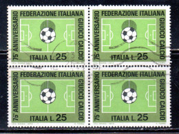 ITALIA REPUBBLICA ITALY 1973 FEDERAZIONE ITALIANA DEL GIOCO CALCIO FOOTBALL SOCCER LIRE 25 QUARTINA BLOCK USATO USED - 1971-80: Usados