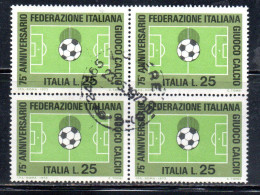 ITALIA REPUBBLICA ITALY 1973 FEDERAZIONE ITALIANA DEL GIOCO CALCIO FOOTBALL SOCCER LIRE 25 QUARTINA BLOCK USATO USED - 1971-80: Usados