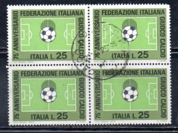 ITALIA REPUBBLICA ITALY 1973 FEDERAZIONE ITALIANA DEL GIOCO CALCIO FOOTBALL SOCCER LIRE 25 QUARTINA BLOCK USATO USED - 1971-80: Afgestempeld