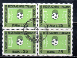 ITALIA REPUBBLICA ITALY 1973 FEDERAZIONE ITALIANA DEL GIOCO CALCIO FOOTBALL SOCCER LIRE 25 QUARTINA BLOCK USATO USED - 1971-80: Usados