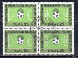 ITALIA REPUBBLICA ITALY 1973 FEDERAZIONE ITALIANA DEL GIOCO CALCIO FOOTBALL SOCCER LIRE 25 QUARTINA BLOCK USATO USED - 1971-80: Afgestempeld