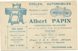 TOURS - Carte De Visite 8 X 12 Cm - Cycles, Automobiles, Machines à Coudre Albert Papin - Tours